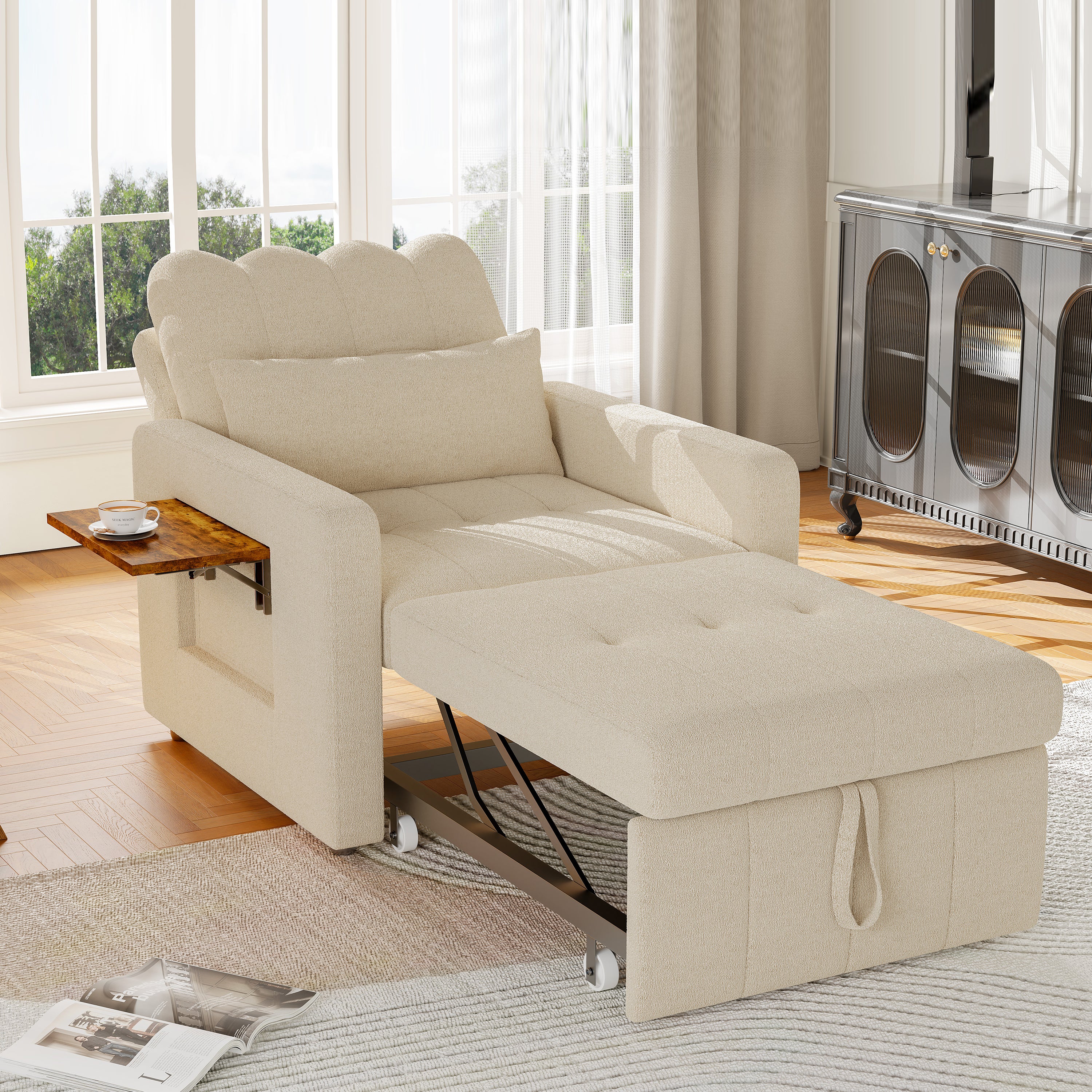 Canapé Lit Convertible 1 Place,3 en 1 Fauteuil Convertible Lit avec Table et Poches,Fauteuil Lit avec Dossier Réglable à 5 Positions,Beige(Chenille) - 9
