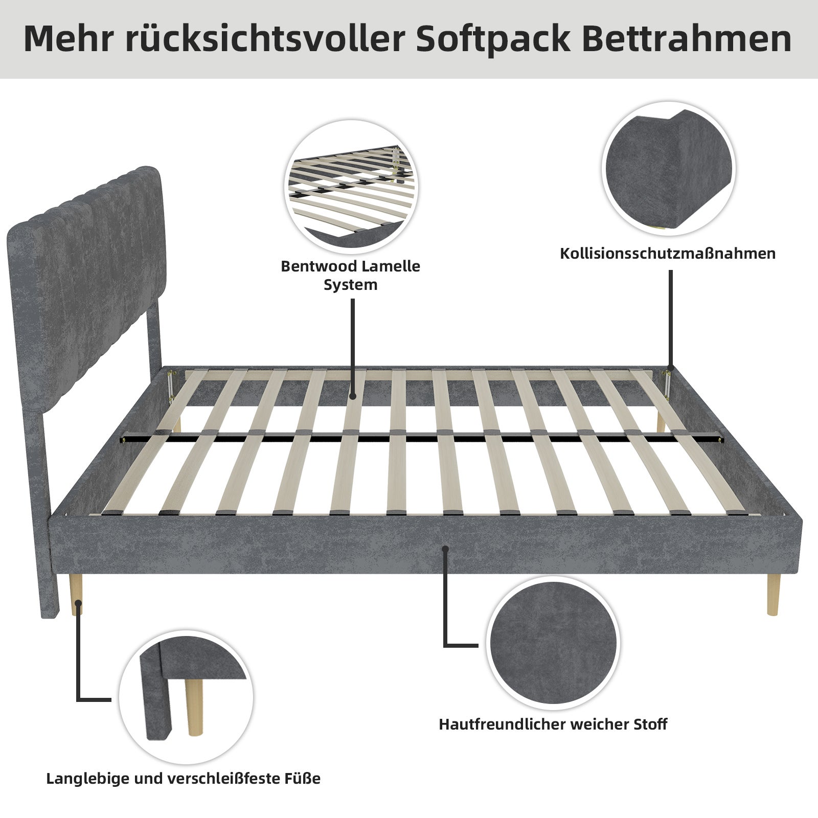 Letto matrimoniale 160x200 cm, testiera, meccanismo a gas, velluto grigio, senza materasso - 9