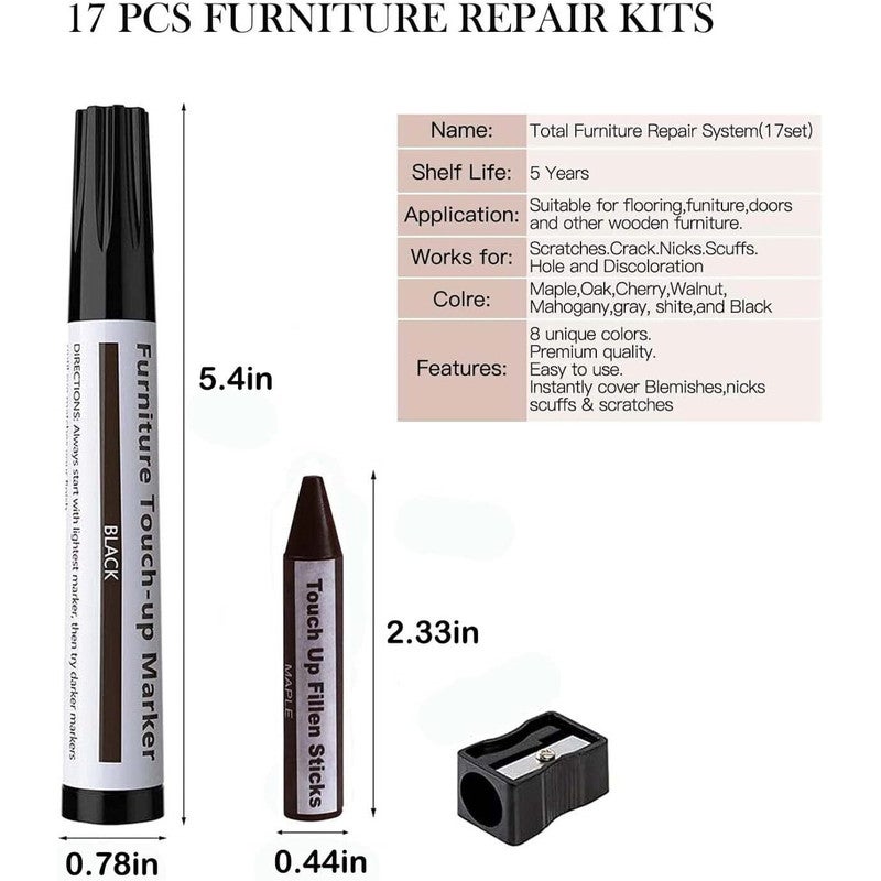 Kit de réparation des rayures sur meubles, marqueur pour bois et bâton de cire, stylo de retouche pour le grain du bois, stylo de retouche de peinture - 6