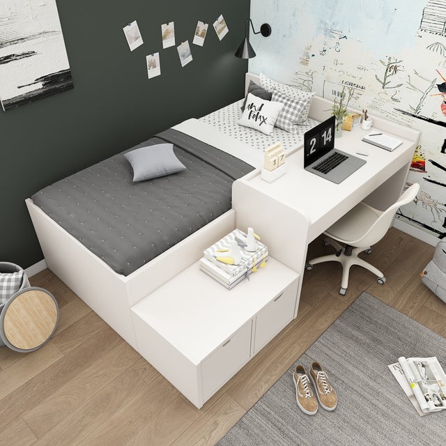 Cama individual infantil de madera maciza de 90x200 cm con escritorio y cajón, color blanco, sin colchón