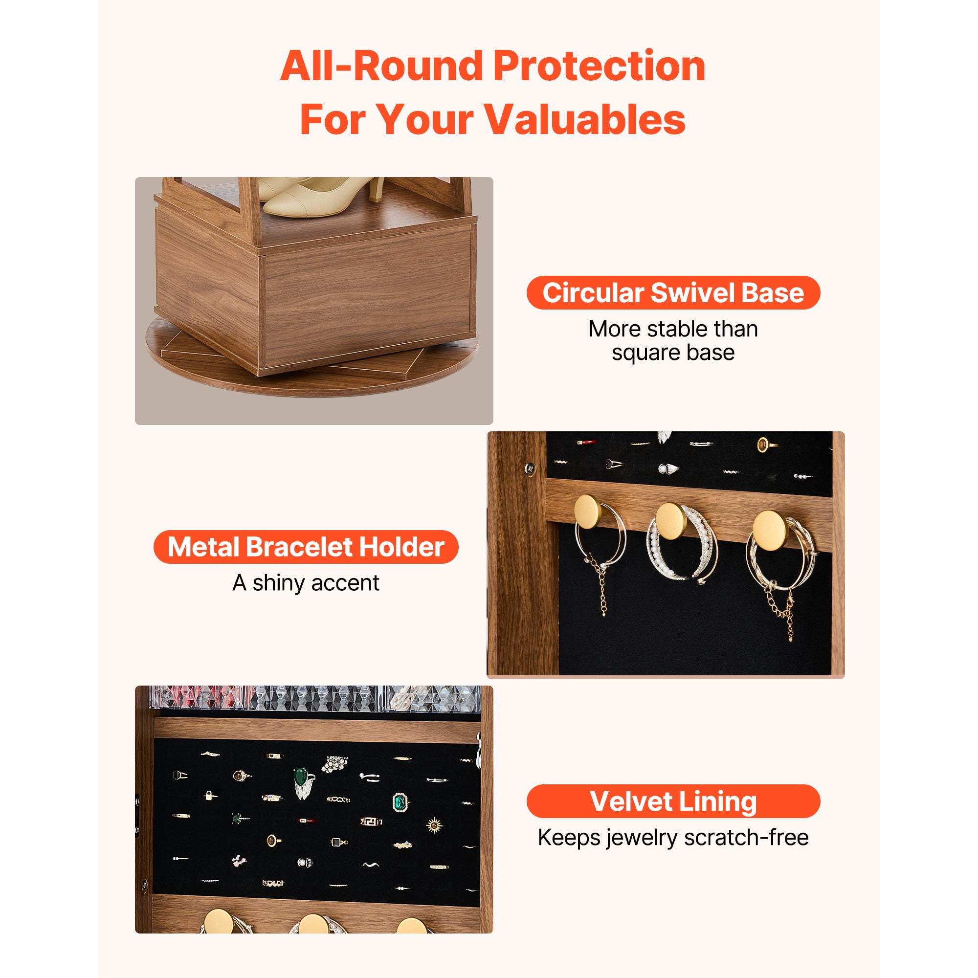 Armoire a bijoux SucceBuy rotative a 360°, meuble de rangement sur pied, 1650 mm, avec miroir integral, etageres pratiques,porte securisee avec 2 cles - 4