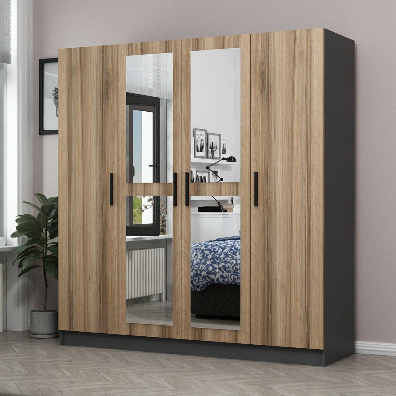 Armoire 4 Portes Et 4 Miroirs Sanur L180xH190cm Bois Clair Et 