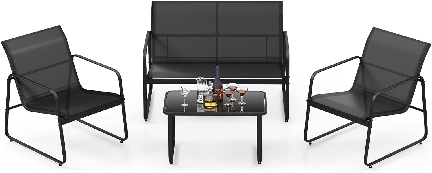 Salon de Jardin 4 Personnes, 4 PcsEnsemble de Salon de Jardin avec Causeuse, Table Basse en Verre Trempé, Ensemble de Meubles d'Extérieur Modernes - 4
