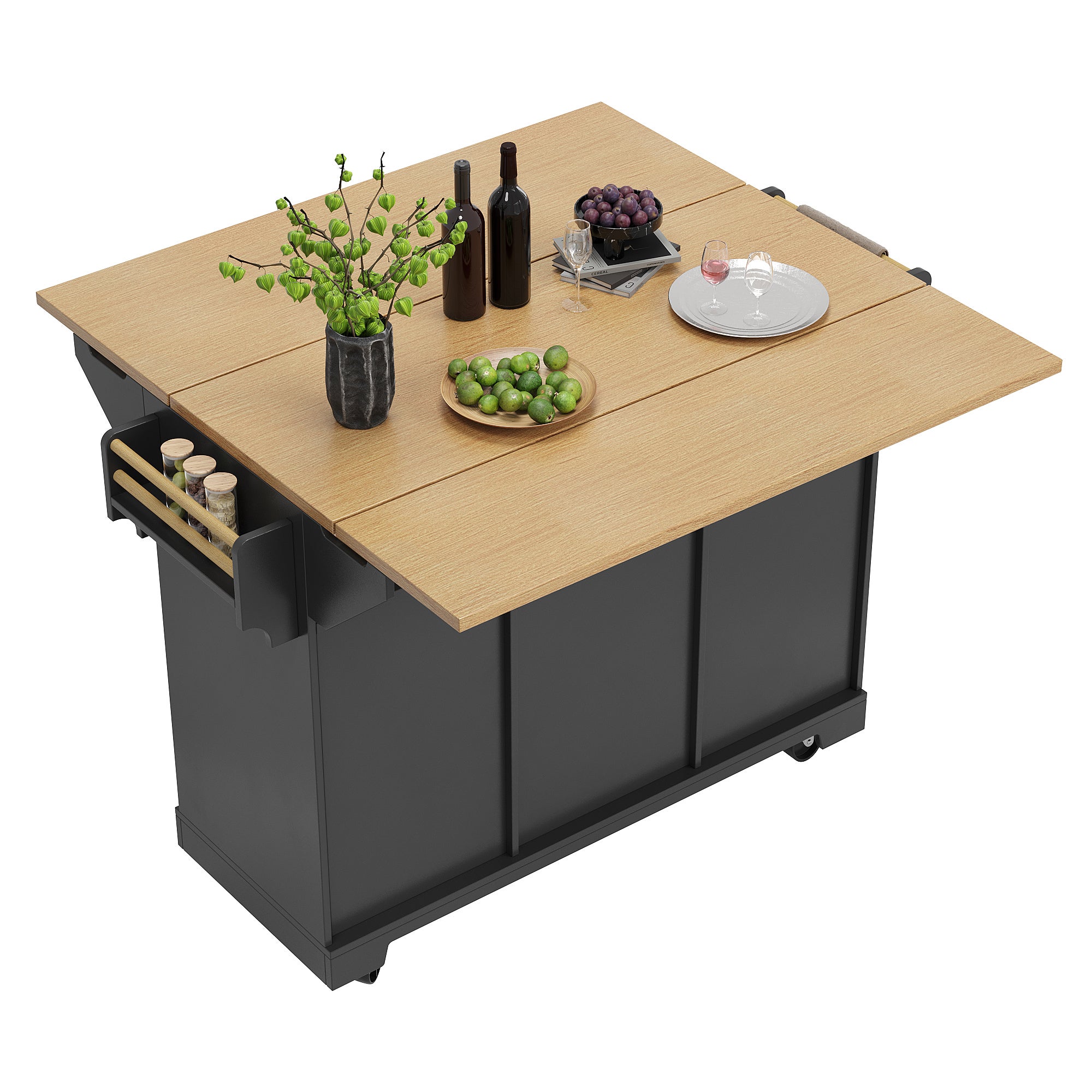 Îlot central de cuisine mobile avec 2 portes et 3 tiroirs - 120 x 40/80 x 95 cm - Plateau extensible - MDF et métal - Noir - 8