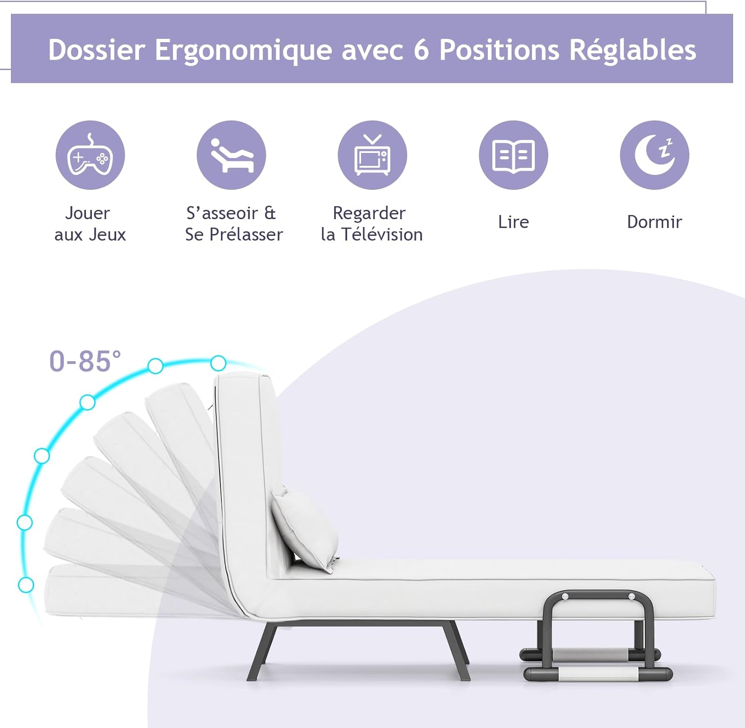 Canapé-lit Convertible, Fauteuil Convertible Lit, avec Dossier Réglable en 6 Positions, Oreiller Amovible, Canapé-lit Pliable 1 Place (Blanc) - 7