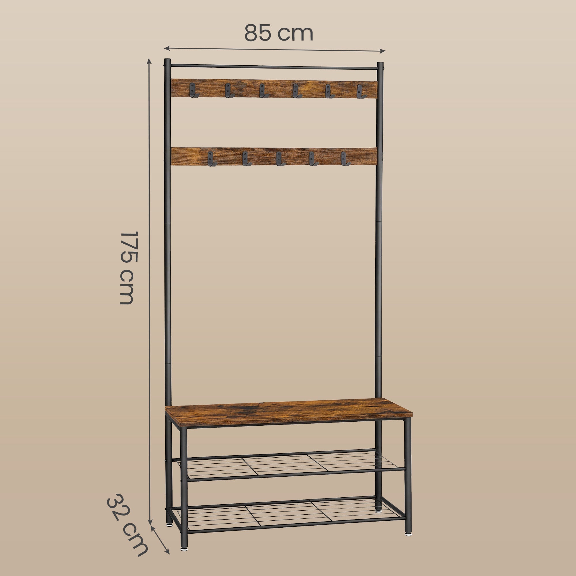 Portemanteau d’Entrée avec Banc de Rangement à Chaussures, 85 x 32 x 175 cm, Marron et Noir - 5