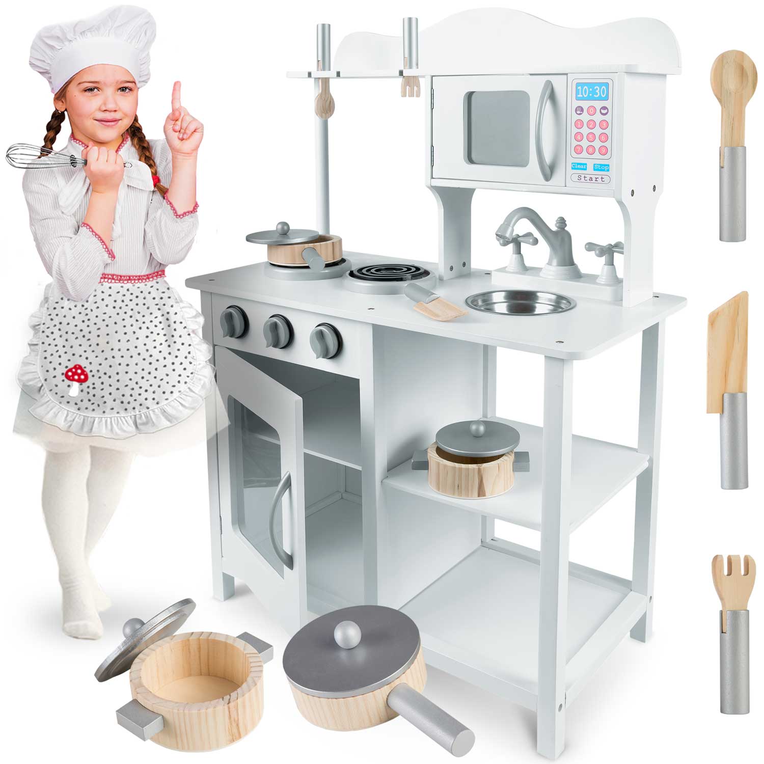 Zestaw kuchnia drewniana dla dzieci kuchenka retro duża palniki + ackesoria Ricokids
