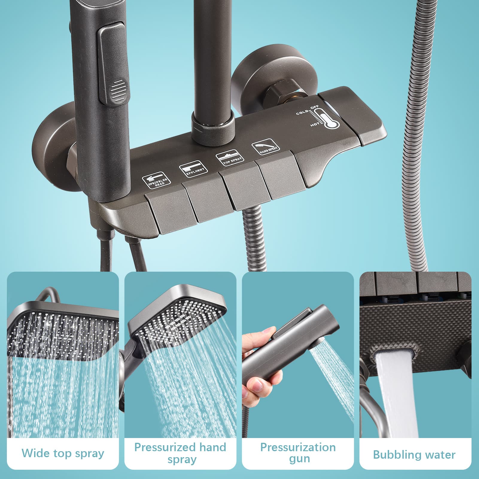 Colonne de douche noire, ensemble réglable en hauteur pour salle de bain, système avec mitigeur et affichage de température - 3