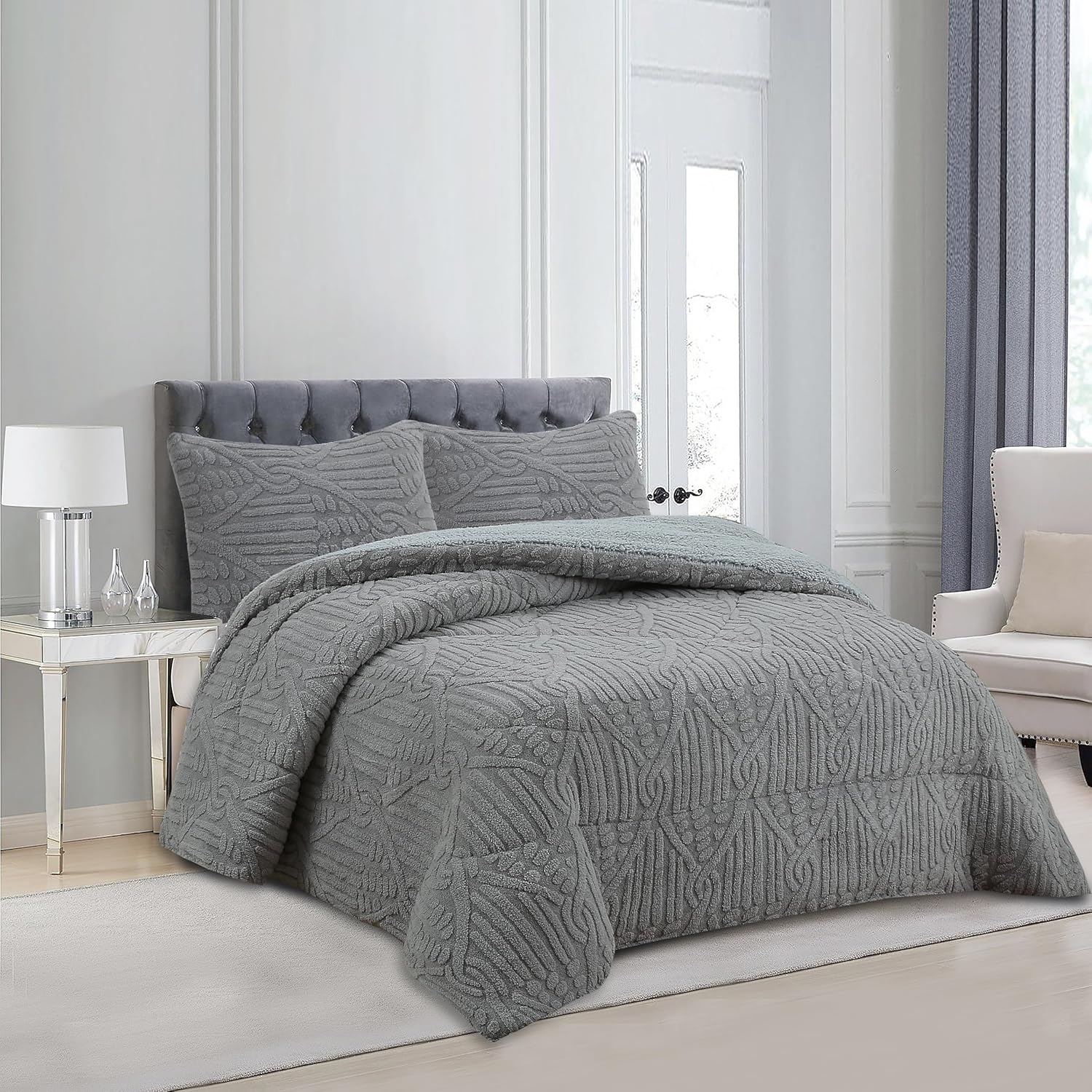 Haradeco manta sherpa para sofá cama con funda almohada, edredón borreguito terciopelo gruesa abriga(jacquard gris claro, 160x220cm)