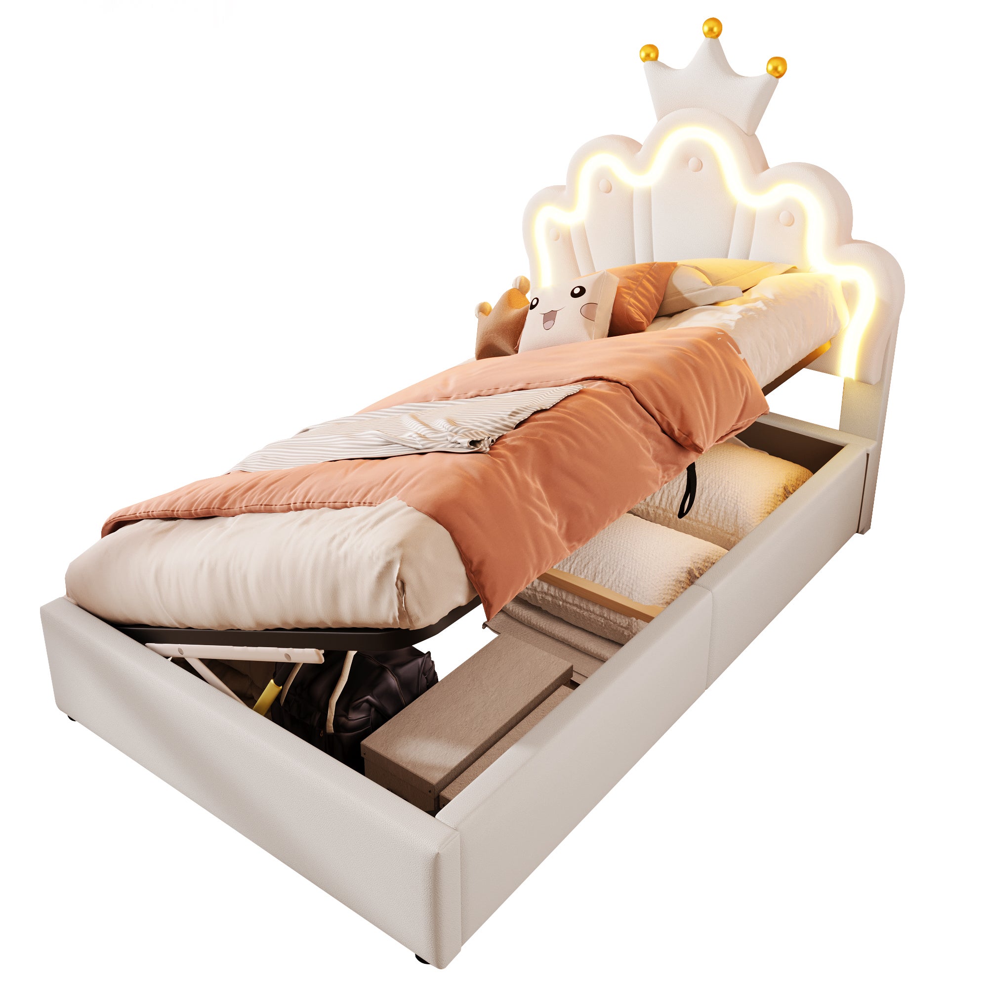 Lit coffre 90 x 200 cm avec tête de lit réglable en forme de couronne - Cuir PU - LEDs - Blanc (sans matelas) - 9