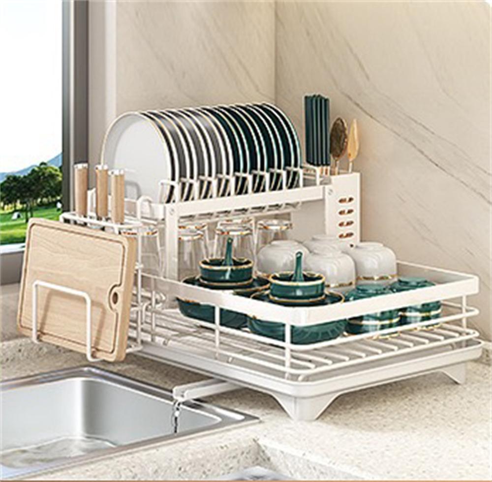 Wielofunkcyjny stojak kuchenny z odpływem, biały, podwójny, z uchwytem na deskę do krojenia + uchwytem na pałeczki, stal węglowa, zdejmowany