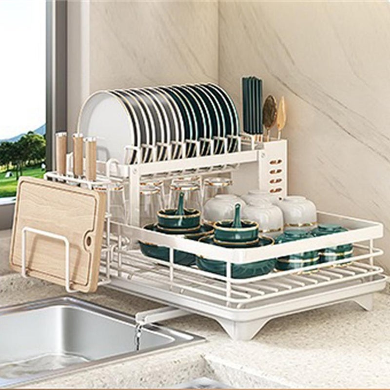 Wielofunkcyjny stojak kuchenny z odpływem, biały, podwójny, z uchwytem na deskę do krojenia + uchwytem na pałeczki, stal węglowa, zdejmowany