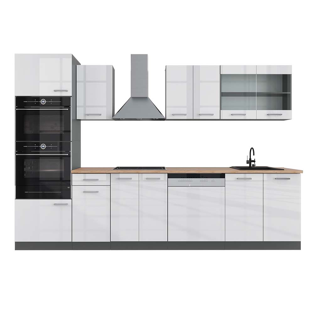 Vicco Aneks kuchenny R-Line, Biały wysoki połysk/antracyt, 300 cm z wysoką szafką, BP Dąb