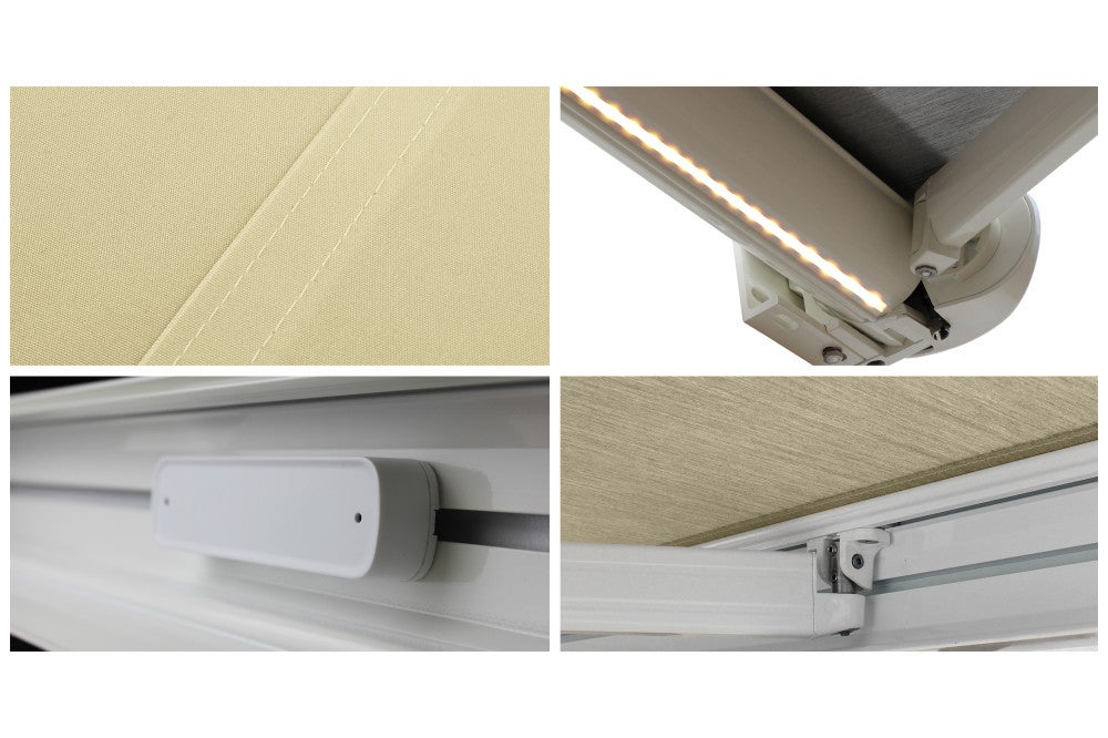 Store banne Coffre intégral PROTECT 2 LED SMART Blanc 5x3,5m Motorisé à télécommande + Capteur Vent + Eclairage LED - Toile Écrue - 5