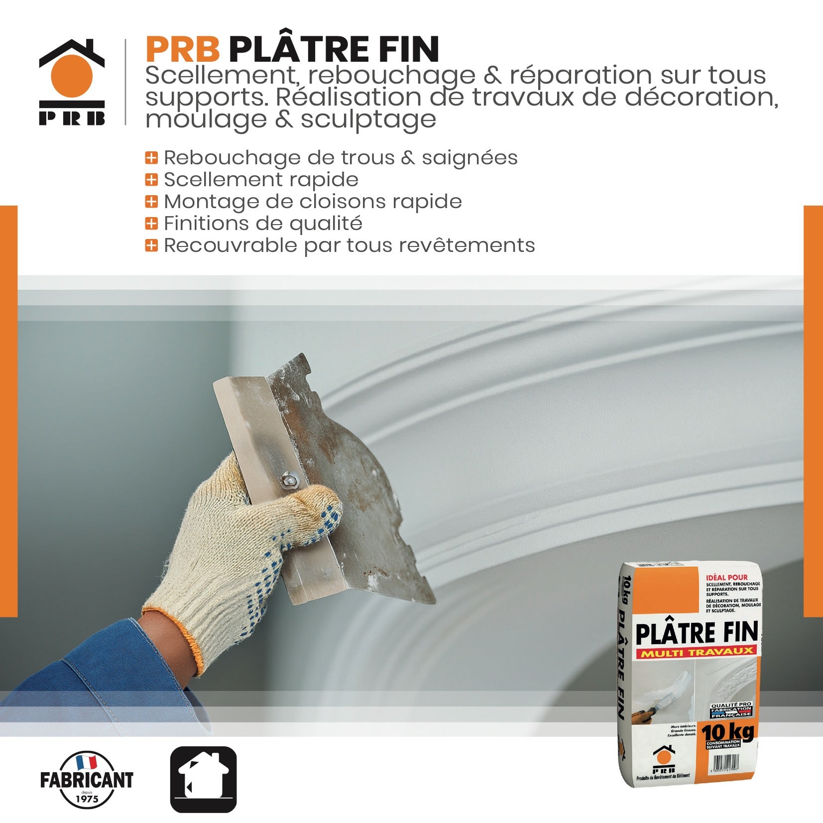 Plâtre Fin 10kg - Rebouchage, Scellement et Décoration - Prise Rapide - Application Facile - Finition Lisse - Pour Murs et Plafonds Intérieurs - 2