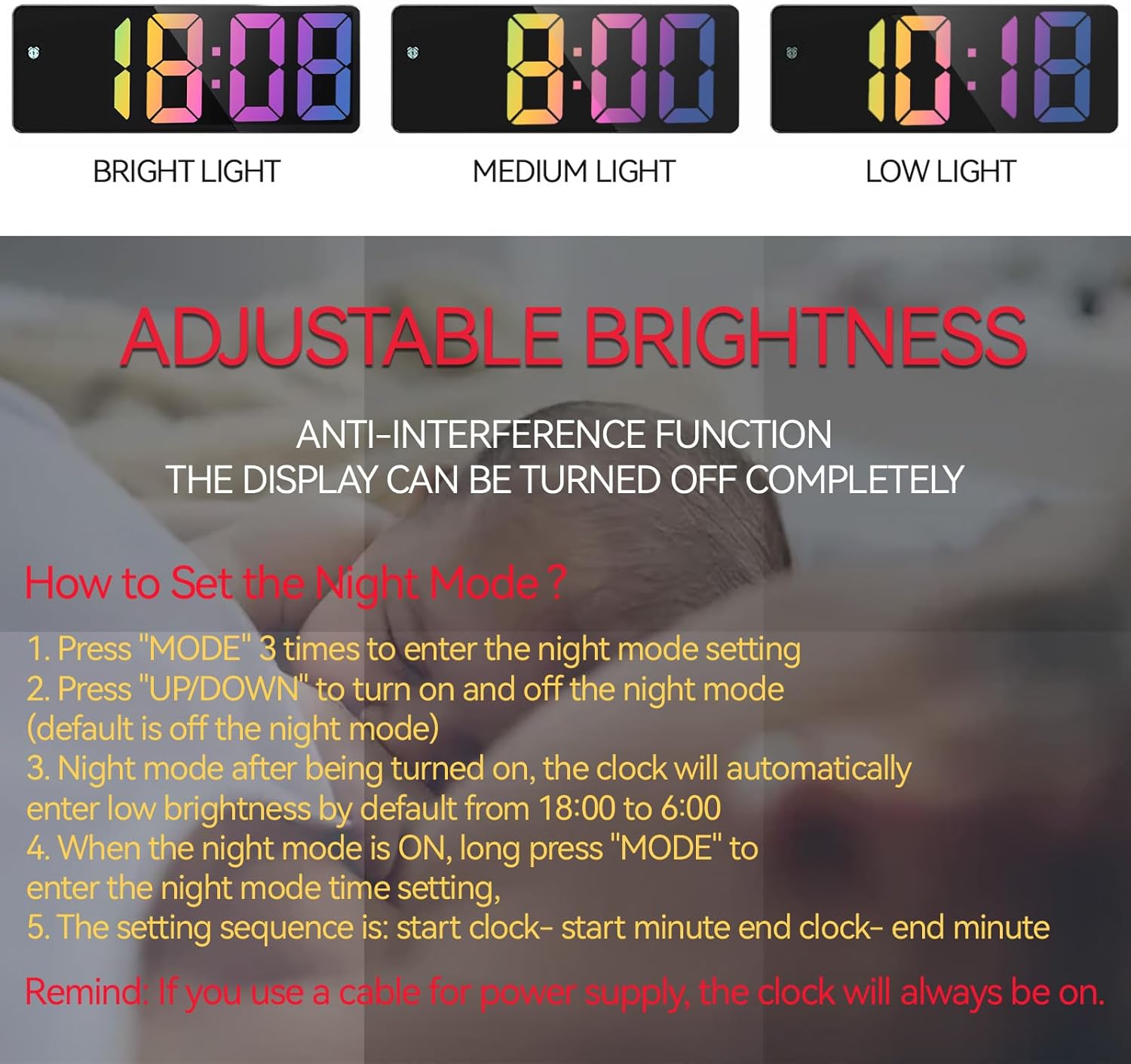 Réveil numérique, réveil de chevet avec grand écran LED, alimentation USB/piles, affichage de la température, date, fonction snooze, 3 niveaux de lu - 3