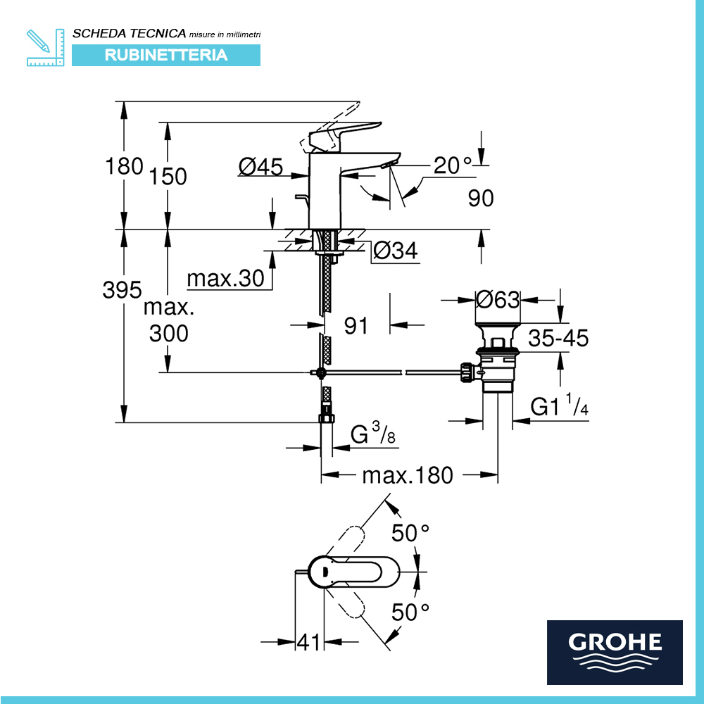GROHE BauEdge Mitigeur de lavabo Taille S Chrome avec vidange - 3