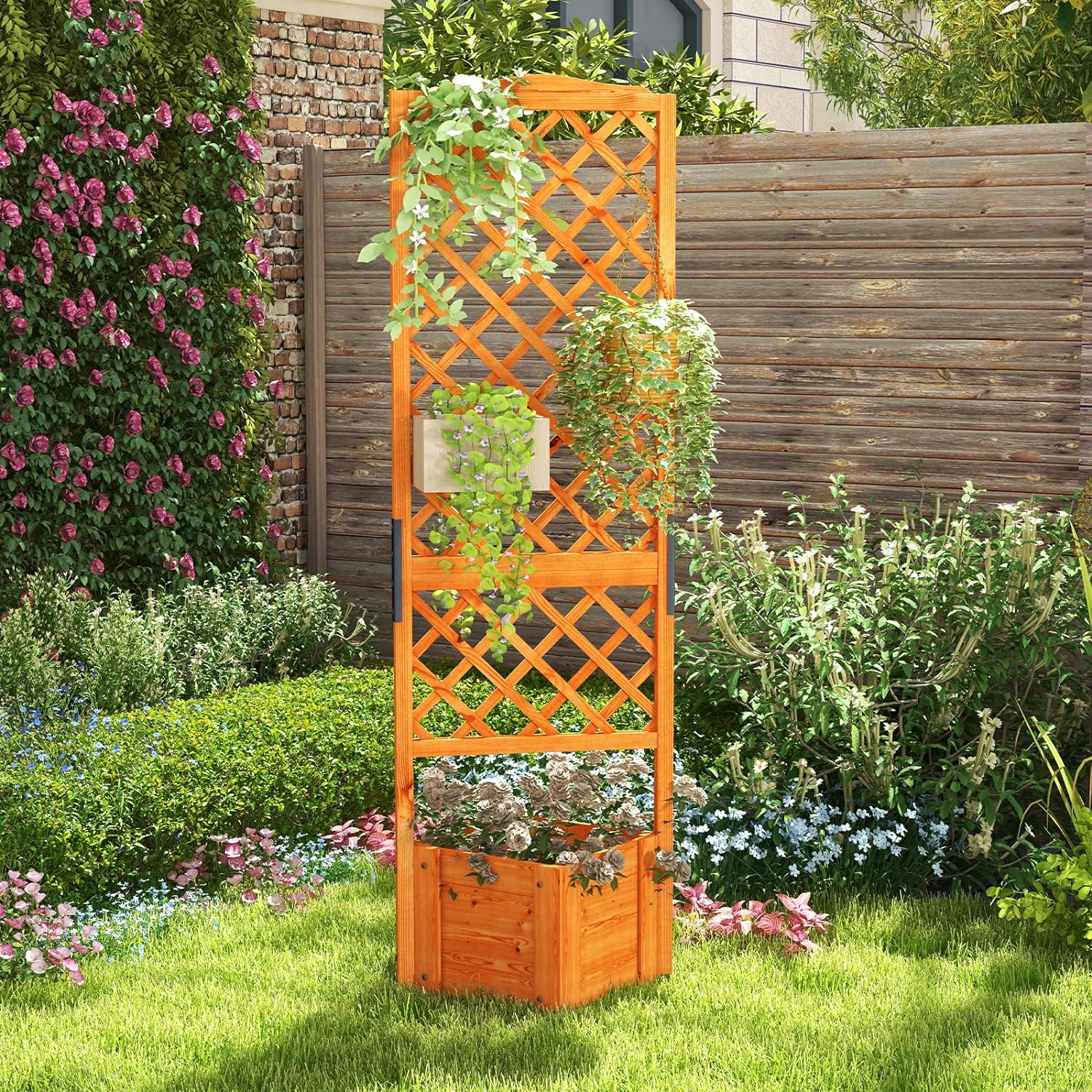 Jardinière avec Treillis 180 CM en Bois, avec Trou de Drainage pour Plantes Grimpantes, Fleurs, Jardinière pour Cour, Jardin, Balcon - 8