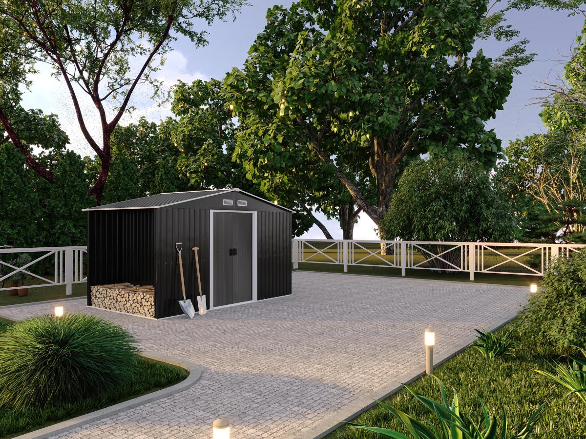 Abri de jardin métal avec abri bûche en acier galvanisé gris 6,7 m² LERY - 7