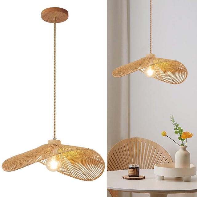 Suspension bohème, lustre en corde de chanvre tressée à la main, lampe suspendue de style wabi-sabi, plafonnier avec ampoule, lumière chaude, φ40cm