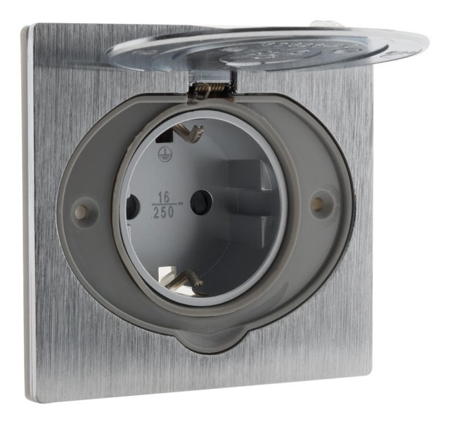 Prise de sol 16A Schuko alu brossé - IP44 + boîte installation - Zenitech