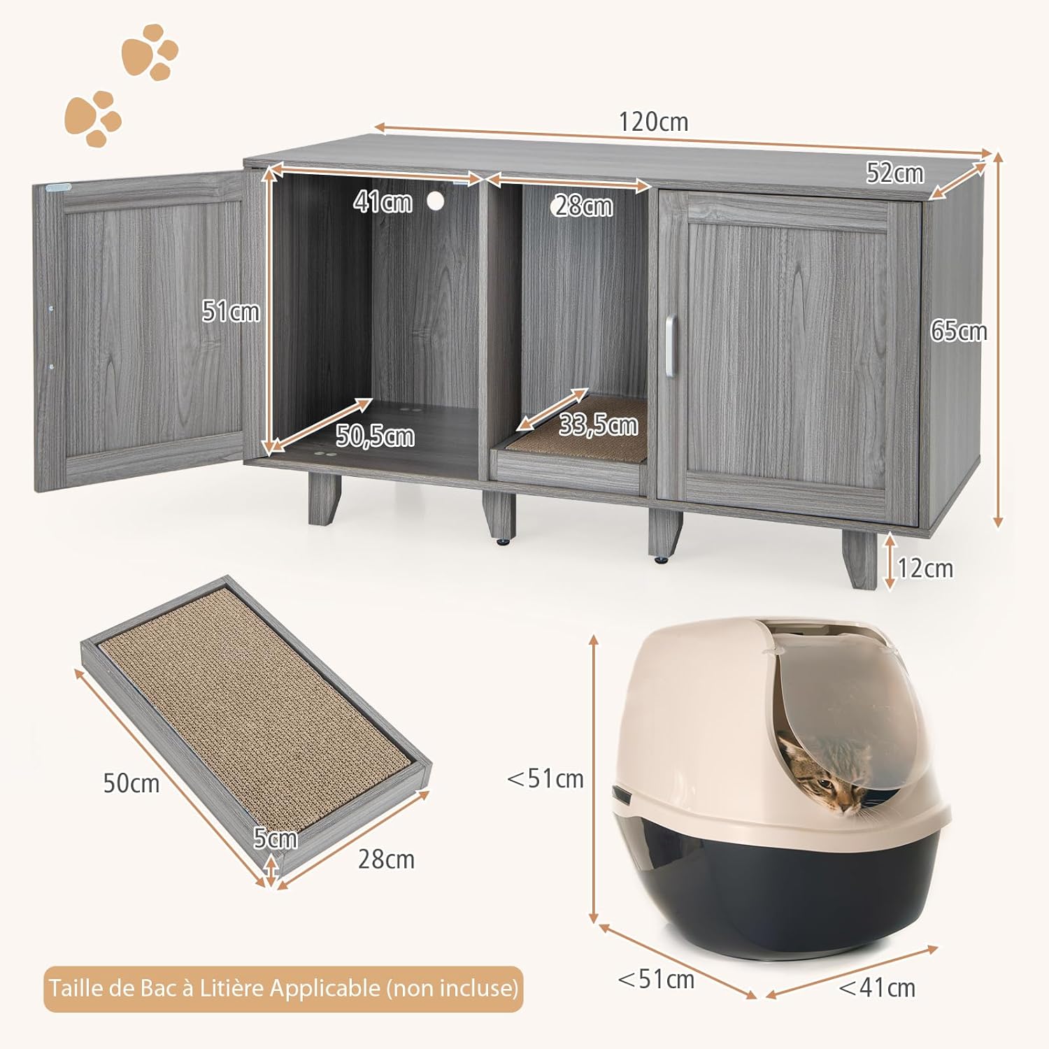 Caixa de Areia para Gatos 3 em 1, Móvel para Gatos com 2 Portas, Pernas Removíveis e Arranhador Removível Placa, Casa Interior para 2 Gatos - 9