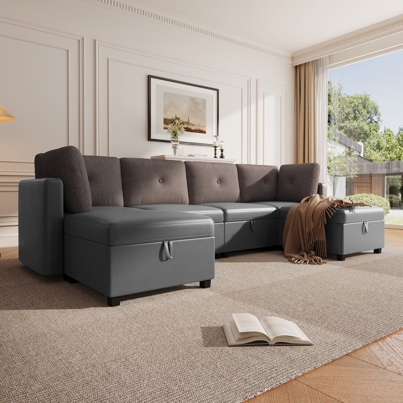 Zdjęcia - Sofa 6-osobowa w kształcie litery U - z pojemnikiem - wielofunkcyjna sofa rozkładana - aksamit + sztruks - szara