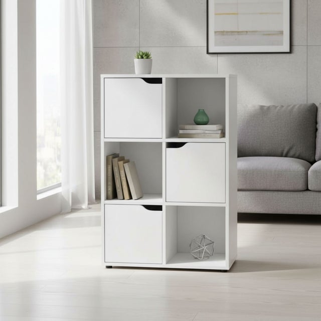 MOBLEKIT | Estantería Cubo 6 Compartimentos con 3 Puertas 60x29x90 cm, Mueble Almacenaje Blanco, Estantería Moderna para Dormitorio