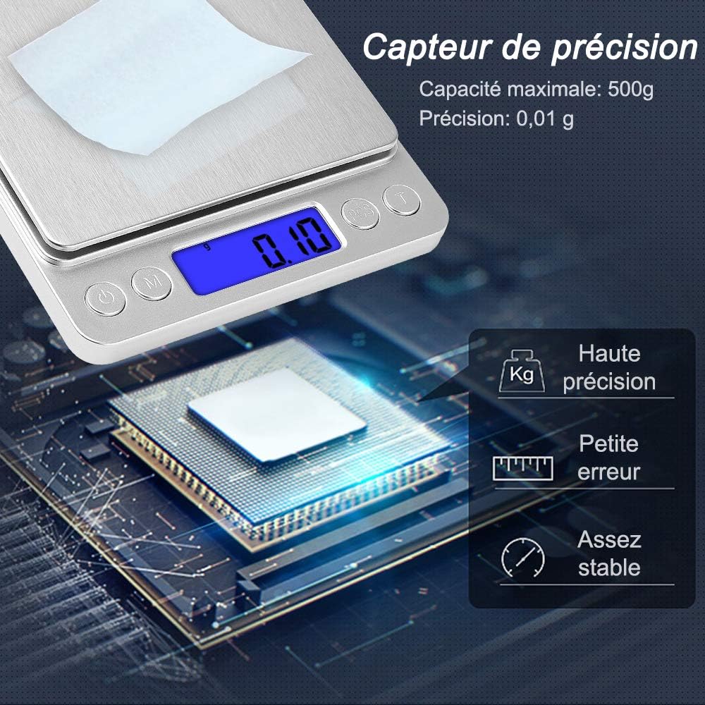 Balance de précision 500g 0.01g, balance de cuisine balance de poche balance à bijoux, balance électronique de haute précision, écran LCD - 2