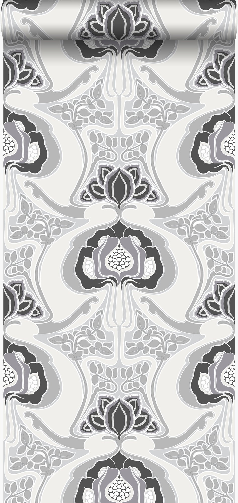 Tapeta Art Nouveau kwiatowy wzór czarnymIszarym - 53 cm x 10.05 m - ORIGIN