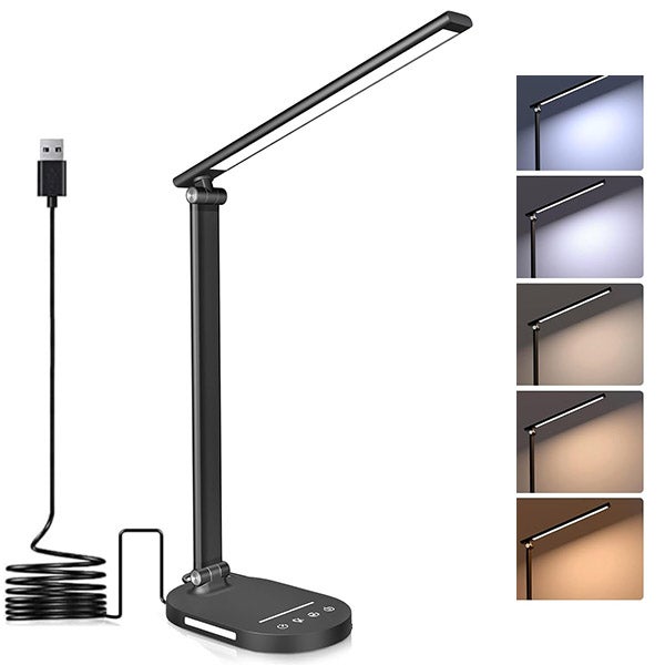 Ściemniana dotykowa lampka biurkowa LED w kolorze czarnym, 5 temperatur barwowych, 5 poziomów jasności, lampka nocna USB, wtyczka sieciowa