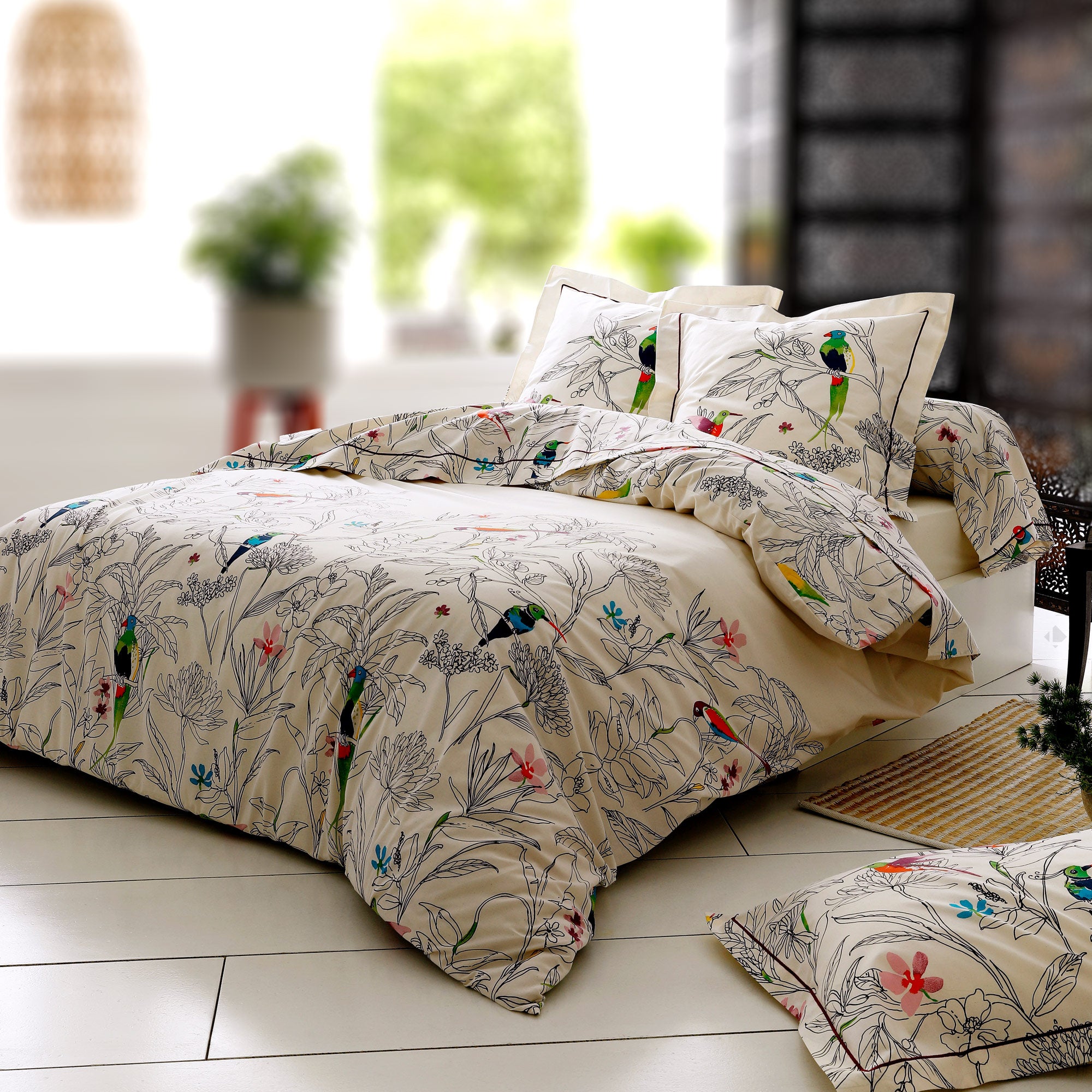 Housse De Couette Sumatra 300x240 Cm - 100% Coton, Motif Feuillages Gris Fusain - Réversible Et Fabriquée En France - 2