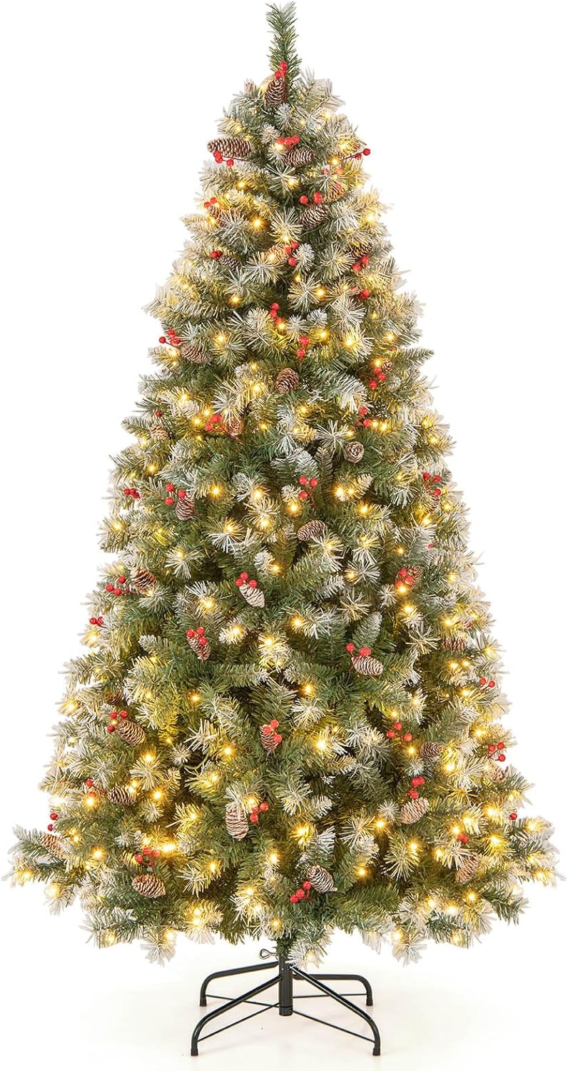 Sztuczna Choinka Bożonarodzeniowa Lunimeux 195 cm, 909 Ruchomych Gałęzi, 420 Lampkami LED w Kolorze Ciepłej Bieli, 8 Trybów Świecenia, Czerwone Jagody