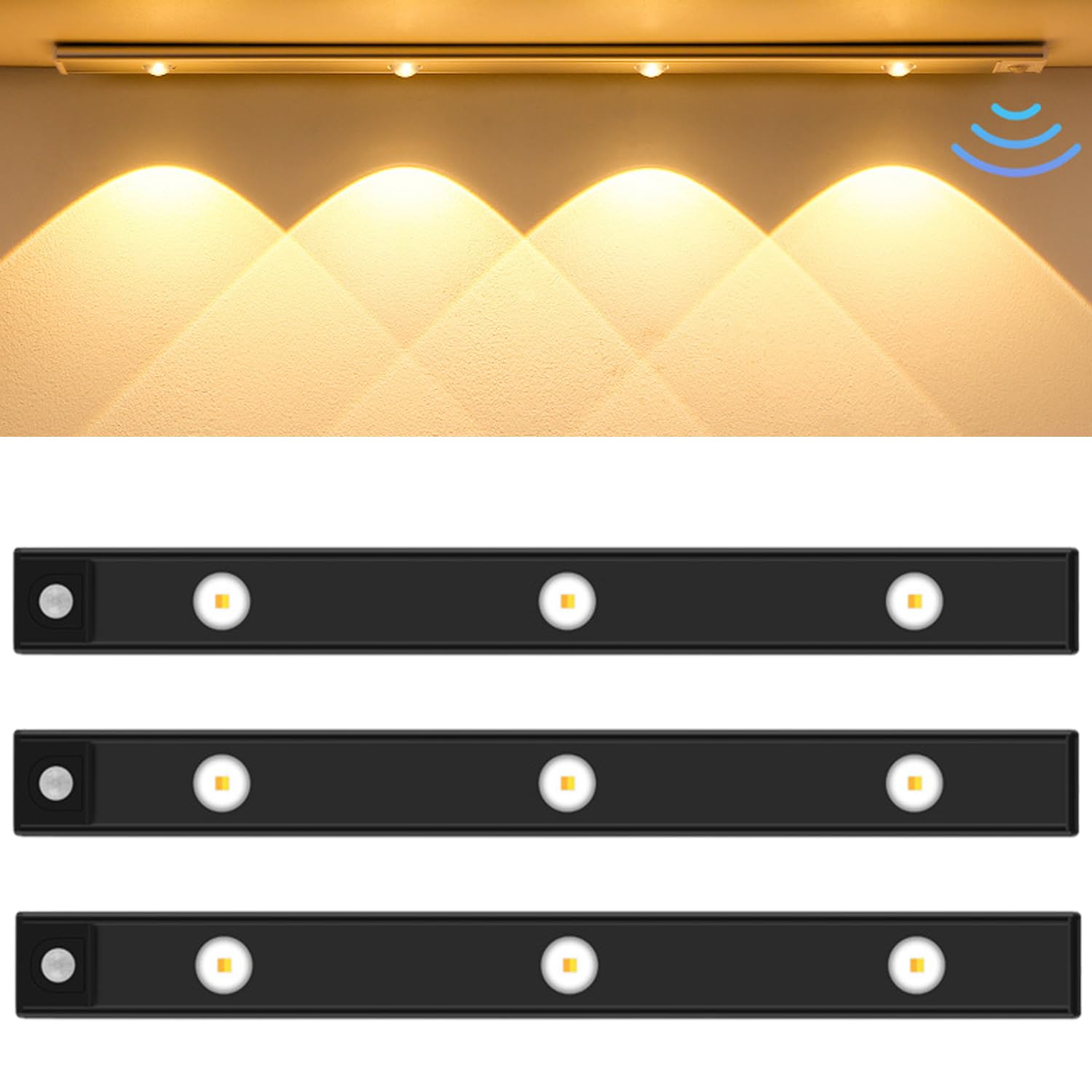Zestaw 3 lamp LED do szafy z czujnikiem ruchu, oświetlenie szafy, lampki nocne do schodów, 3 kolory z regulacją intensywności, czarne, 40 cm
