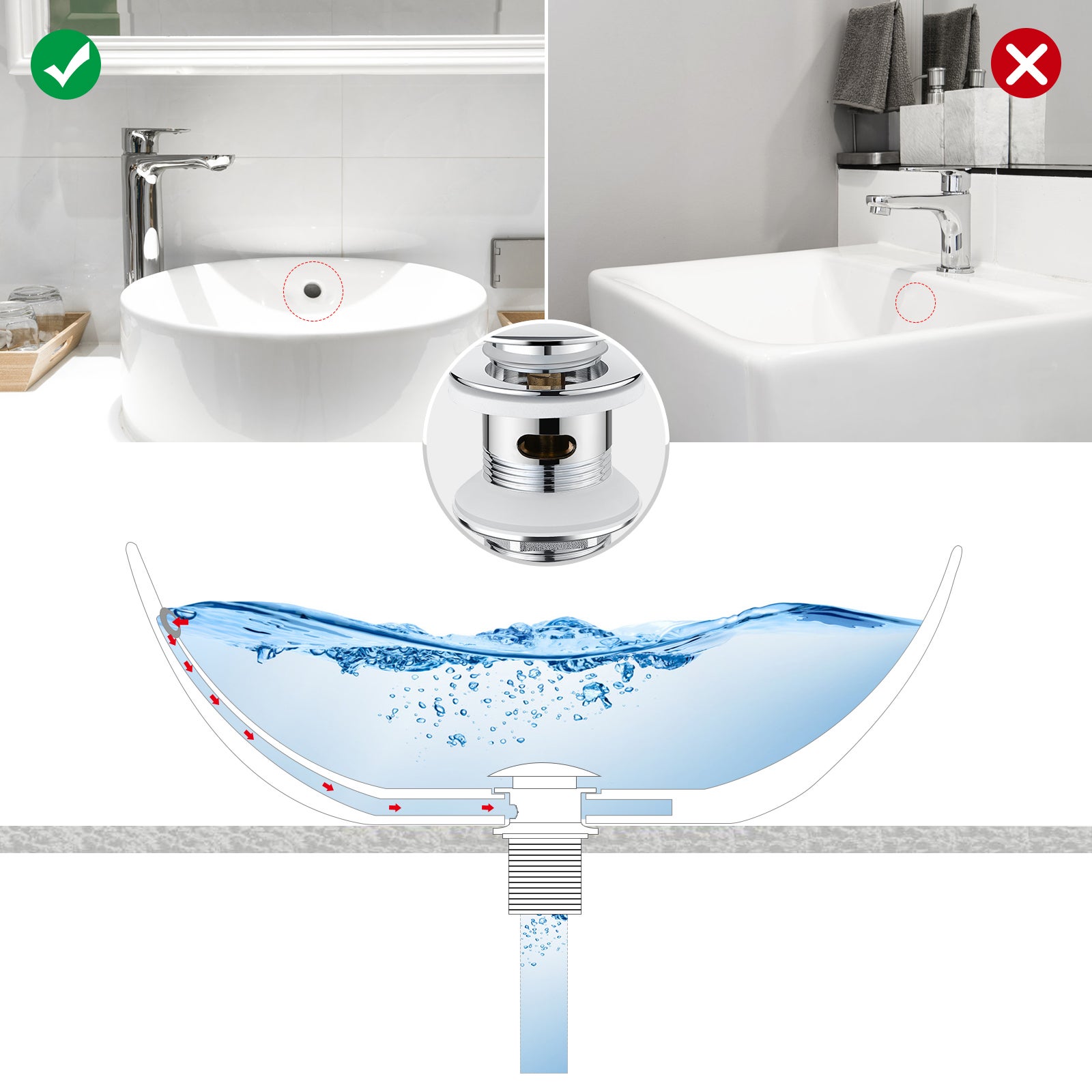 Auralum max Bonde Lavabo avec Trop Plein,Bonde Lavabo Salle Bain avec Couvercle Céramique Universelle Standard-G 1 ¼ - 3