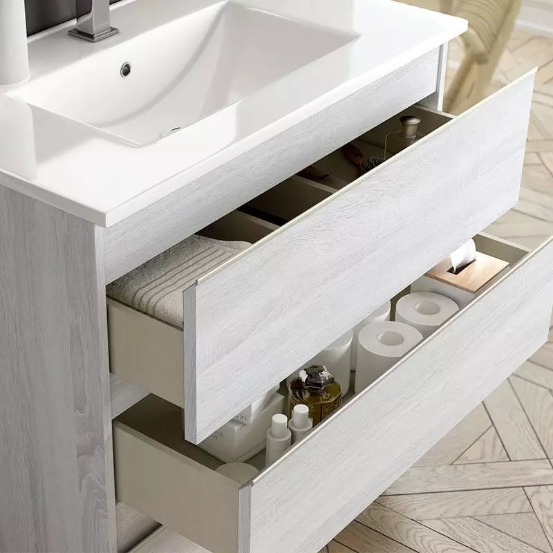 Meuble de salle de bain 60cm simple vasque - 2 tiroirs - sans miroir - BALEA - hibernian (bois blanchi) - 2