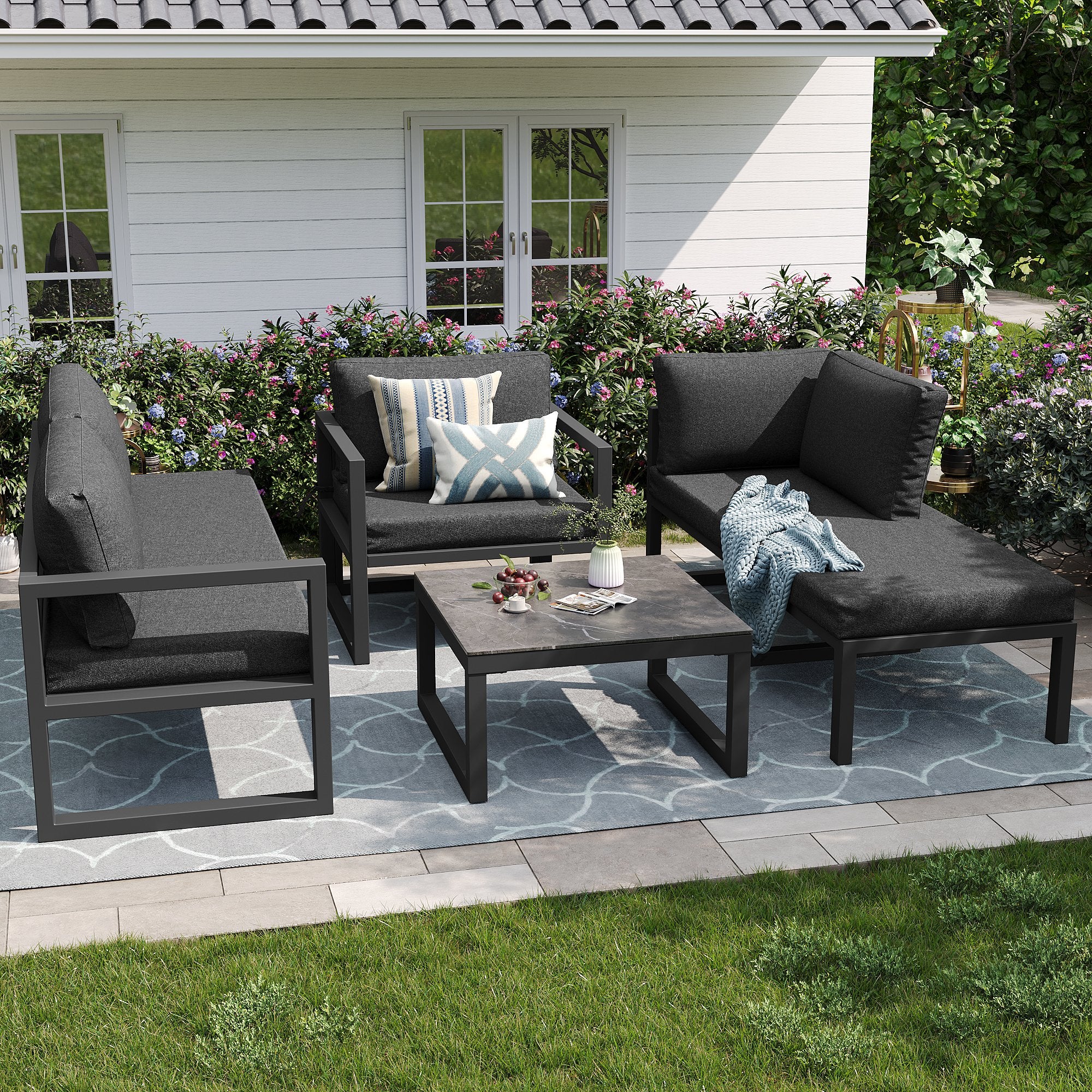 Ensemble de meubles de jardin en corde, canapé d'angle, y compris tous les coussins d'assise et les coussins, gris - 4