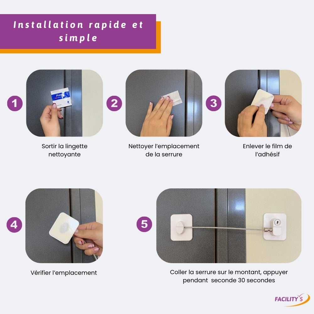 Verrou de sécurité pour enfant - Lot de 2 serrures autocollantes blanches avec clé - Protection portes et tiroirs - 3