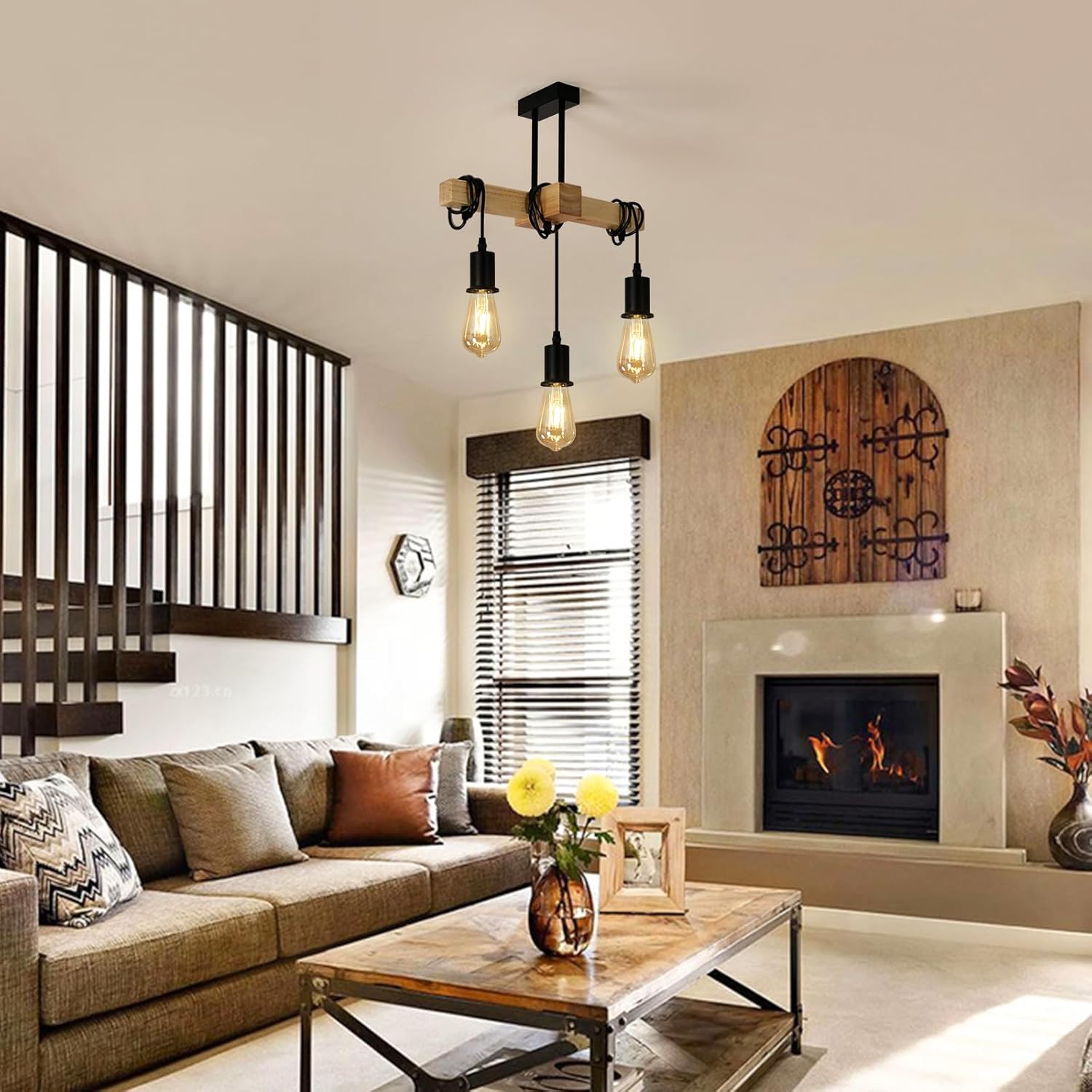 GOECO Suspension artistique en bois ( Douille E27, Ampoule non incluse) - 5