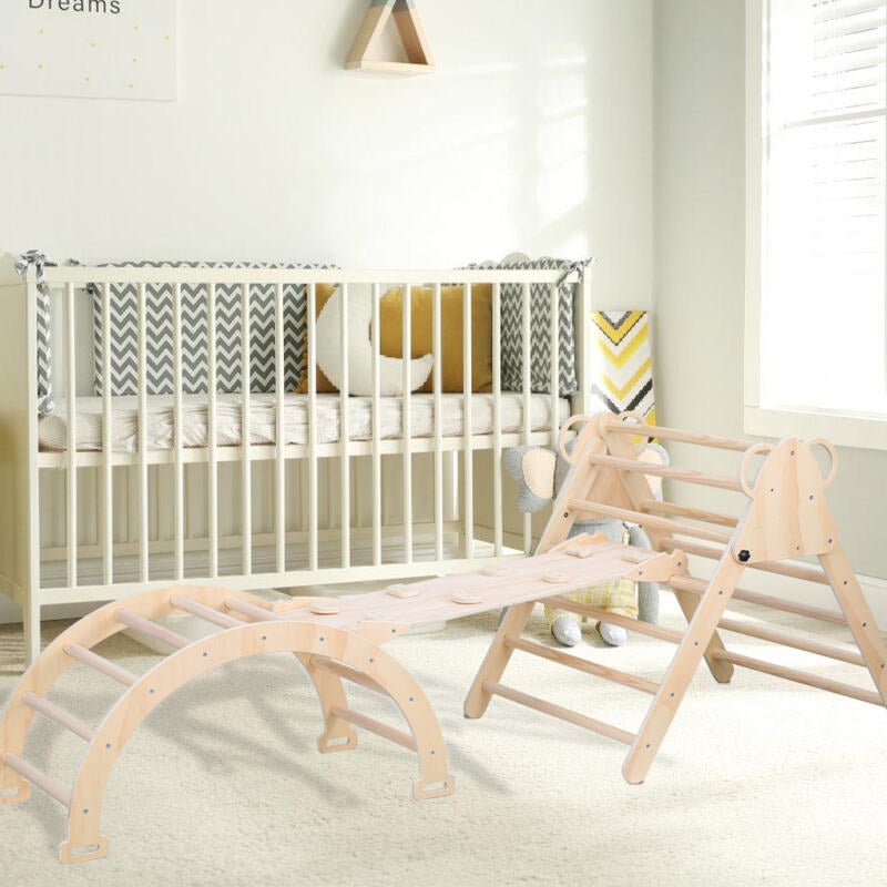 Ensemble d'Escalade,3 en 1 Triangle d'escalade Enfants avec Rampe Réversible,Naturel,pour Tout-Petits Bébé 2 An+ - 7