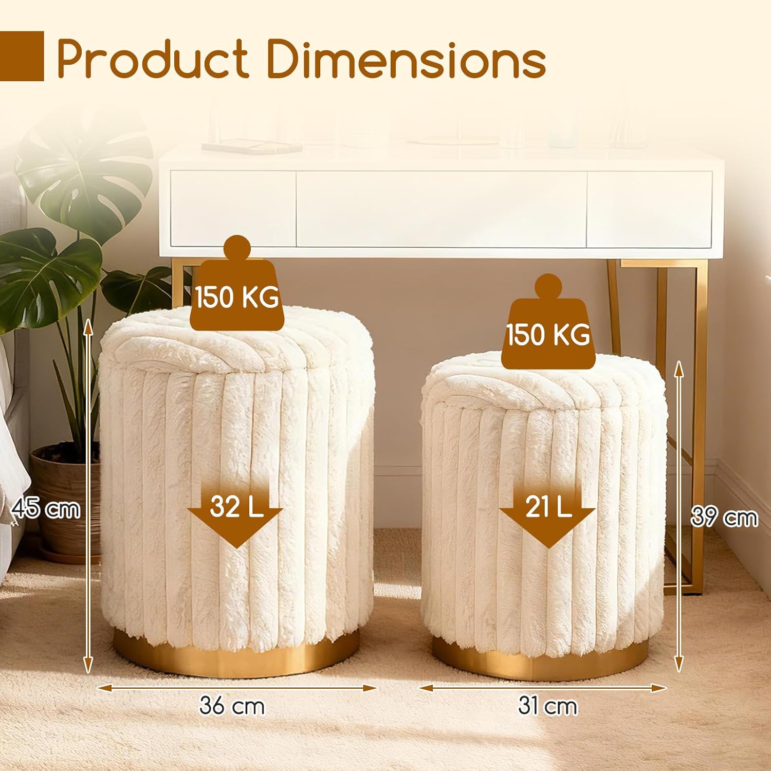 Pouf Repose-pieds Rembourré en Poils de Lapin avec Couvercle Amovible et Conteneur Caché Tabourets Empilables pour Salon et Chambre à Coucher, Beige - 2