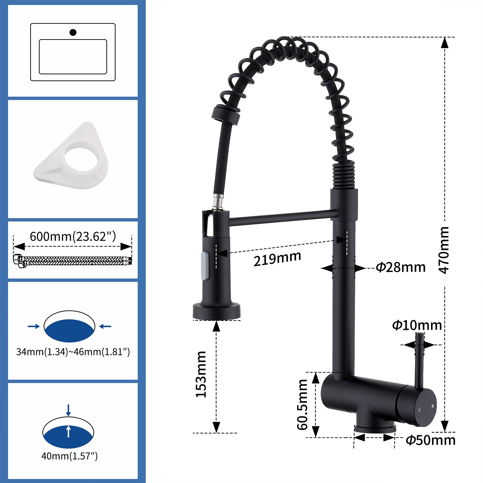 Mitigeur de Cuisine Noir pliable à ressort avec douchette 2 Jets, Robinet de Cuisine d'Evier Rabattable Rotatif à 360° en Inox 304 - 8