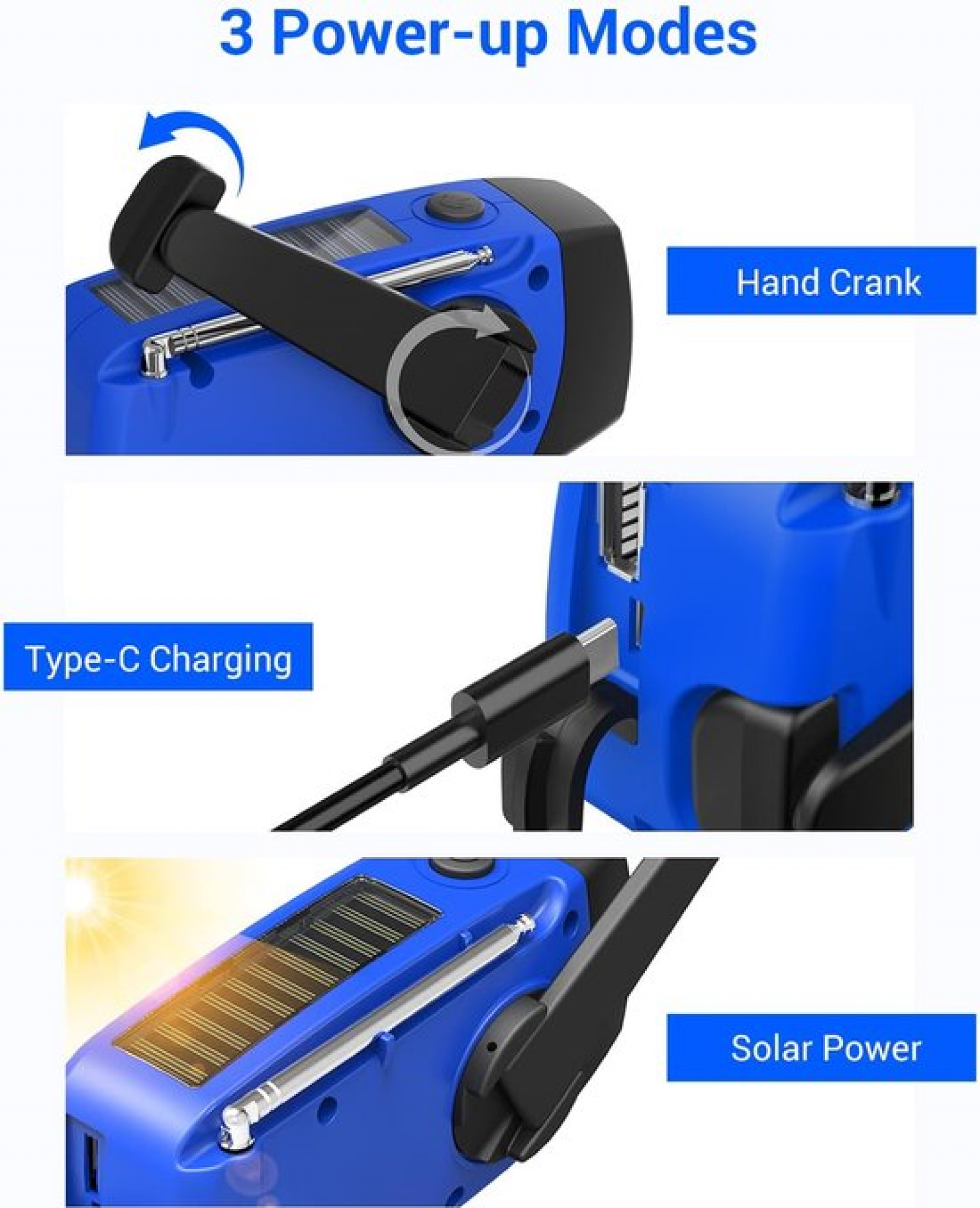Rádio de emergência com manivela e lanterna LED, rádio portátil AM/FM NOAA com banco de energia de 2000 mAh, azul - 7