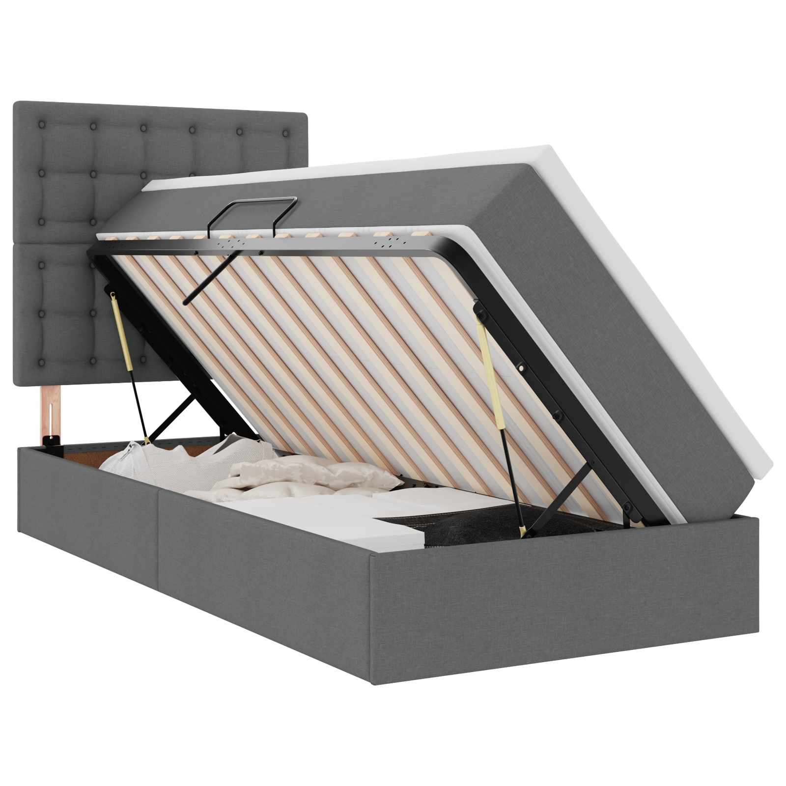 Lit avec rangement et matelas en tissu gris foncé, pour la chambre, 90 × 190 cm - 2