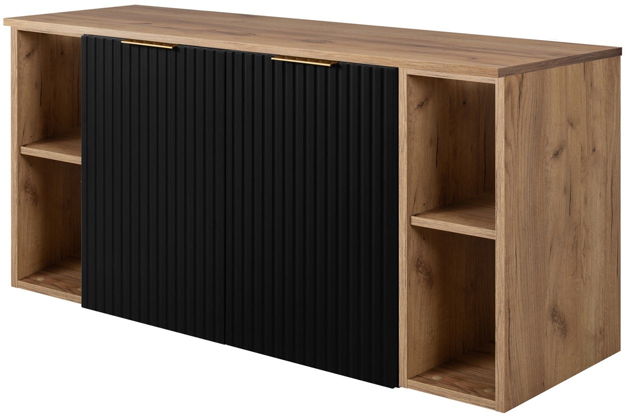 Zestaw łazienkowy FLOW 120 cm czarny z blatem i regałami dąb craft złoty