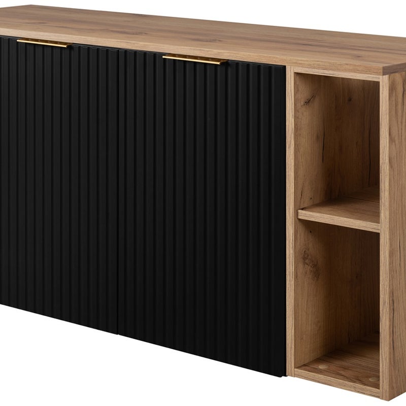 Zestaw łazienkowy FLOW 120 cm czarny z blatem i regałami dąb craft złoty