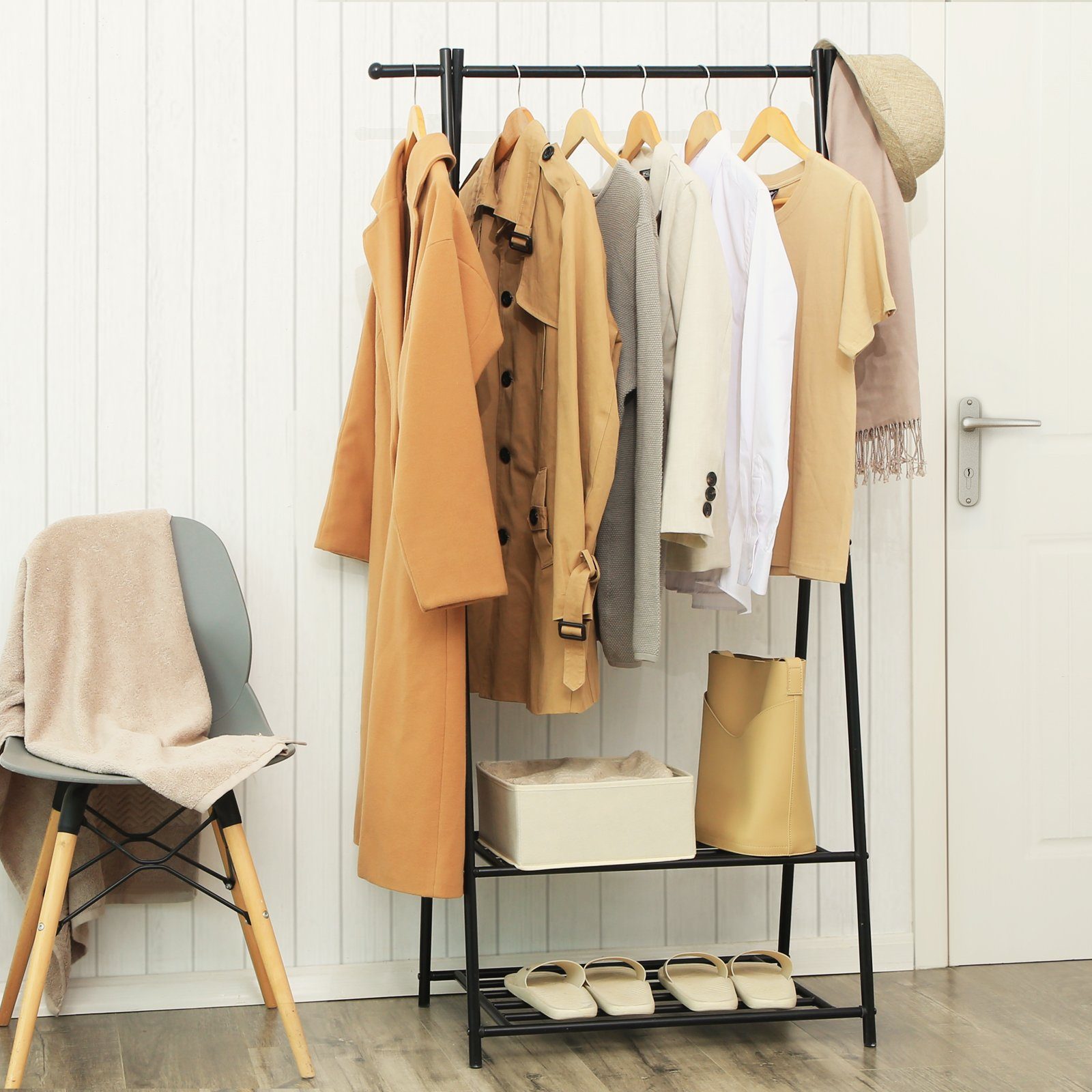 SONGMICS Portant à vêtements, Penderie à vêtements, Portemanteau avec 2 étagères de rangement pour chaussures, boîte, cadre métallique, Noir - 3