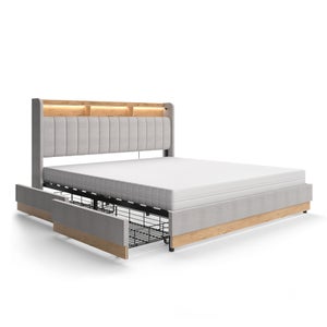 Lit Coffre Rembourré Christin 180x200 Avec LED Et USB - Couleur Anthracite/chêne - Rangement Intégré