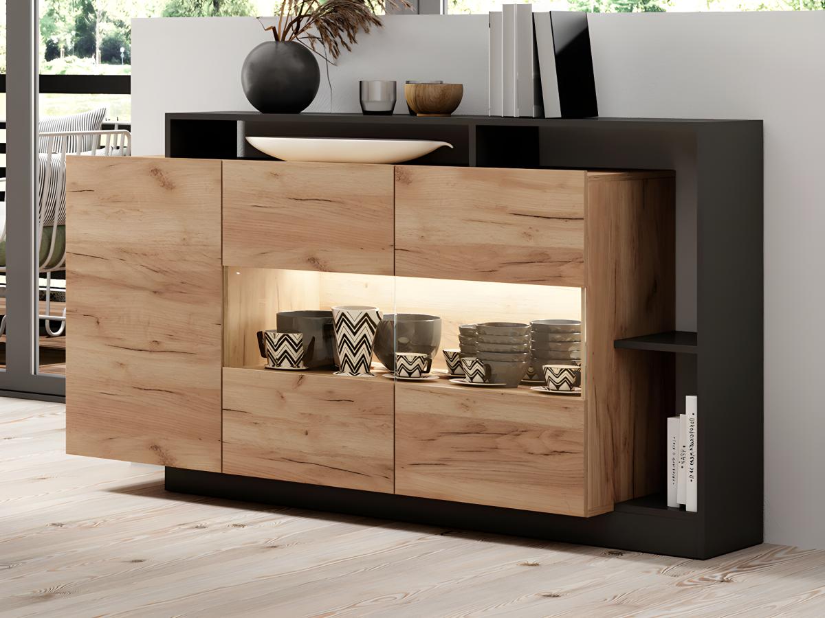 Buffet 3 portes et 3 niches avec LEDs - Coloris : Naturel et anthracite - IDESIA - 6
