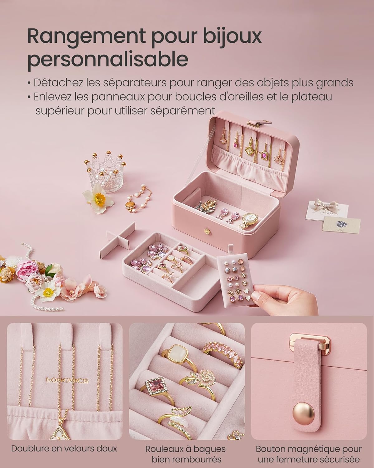 Boîte à Bijoux de Voyage, Petit Écrin à Accessoires, Rangement Bijoux à 2 Niveaux, Portable, Trousse de Voyage, 11 x 16 x 8 cm - 5